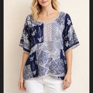 Johnny Was Navy and Cream Patterned silk top